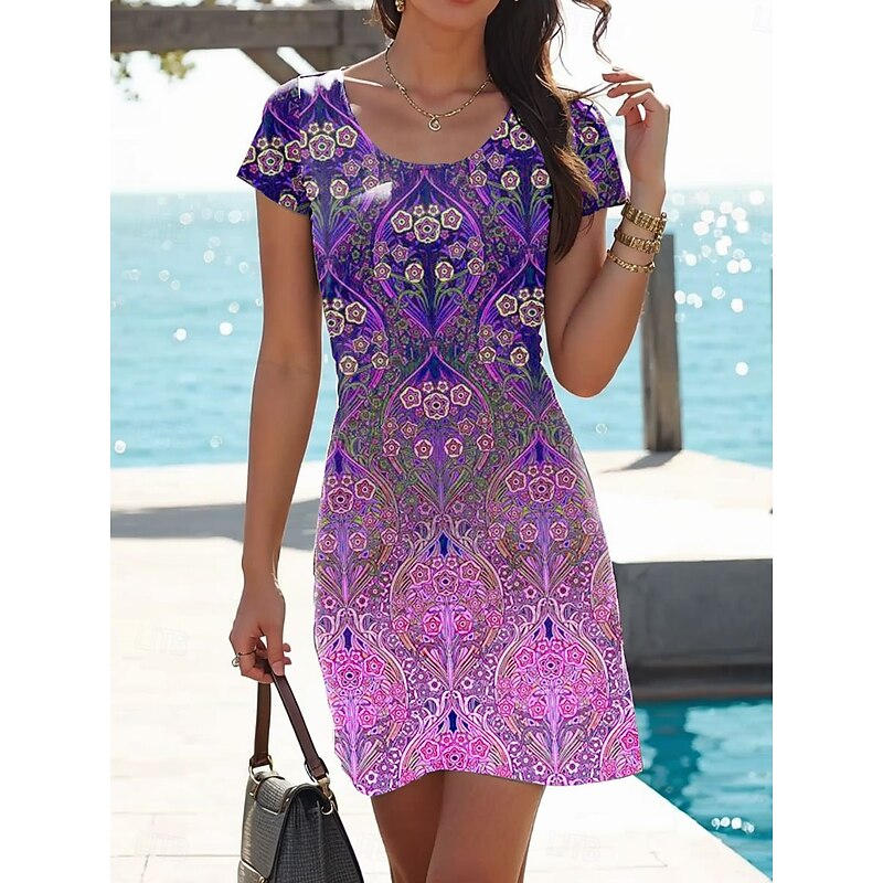 Women's Mini Dress T Shirt Dress Tee Dress A Line Dress Summer Dress Casual Daily Regular Fit Graphic Paisley Short Sleeve Crewneck Pink Red Blue Summer Spring3