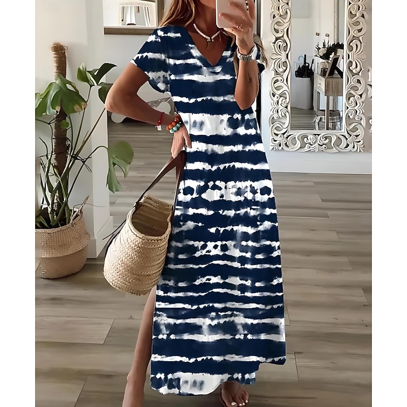 Women's Maxi Dress Sundress A Line Dress Vacation Casual Going out Beach Regular Fit Floral Graphic Short Sleeve V Neck Blue Green Spring Fall