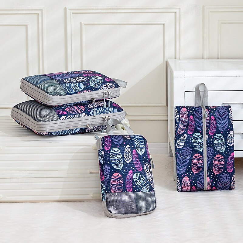 Compression Packing Cubes Set for Travel Luggage Storage and Organizer Space Savers, Printed Travel Storage Bags for Clothes, Shoes, Toiletries, Makeup, Digital Accessories3