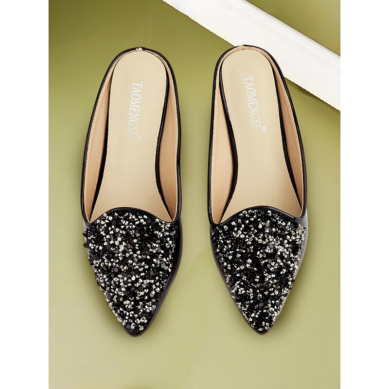 Women's Black Rhinestone Pointed Mules – Slide-On Flats with Crystal Embellishments for Stylish Daily Dates2
