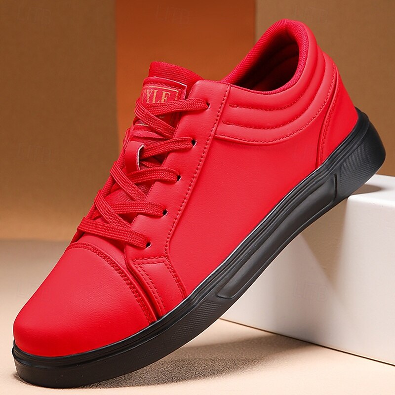 Men's Red Leather Sneakers with Sleek Design - Bold Casual Streetwear for Everyday Comfort