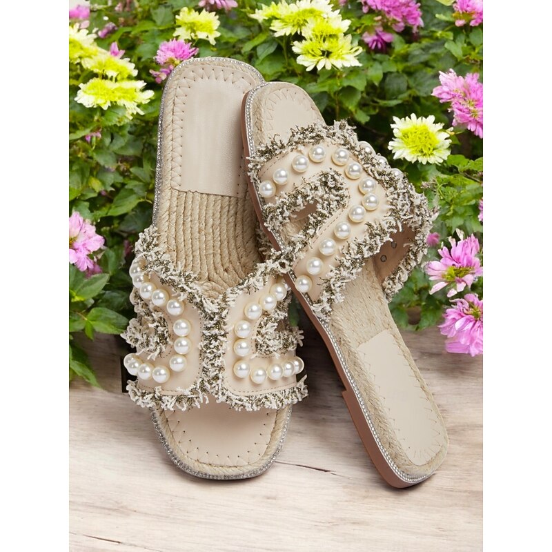 Women's Pearl Embellished Fringe Slides – Boho Chic Slip-On Sandals for Summer, Beach Vacations, and Casual Elegance