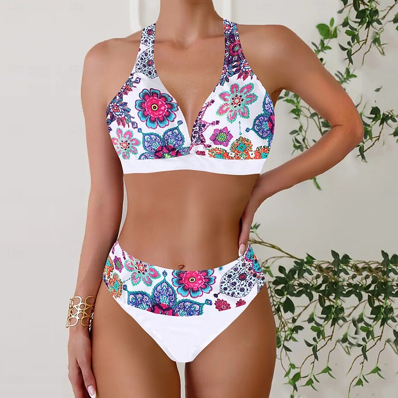 Women's Swimwear Bikini Tankini 2 Piece Cheeky Swimsuit Deep V Push Up Knitted Vacation Tropical Floral Color Block Plunge Sleeveless Bathing Suits2