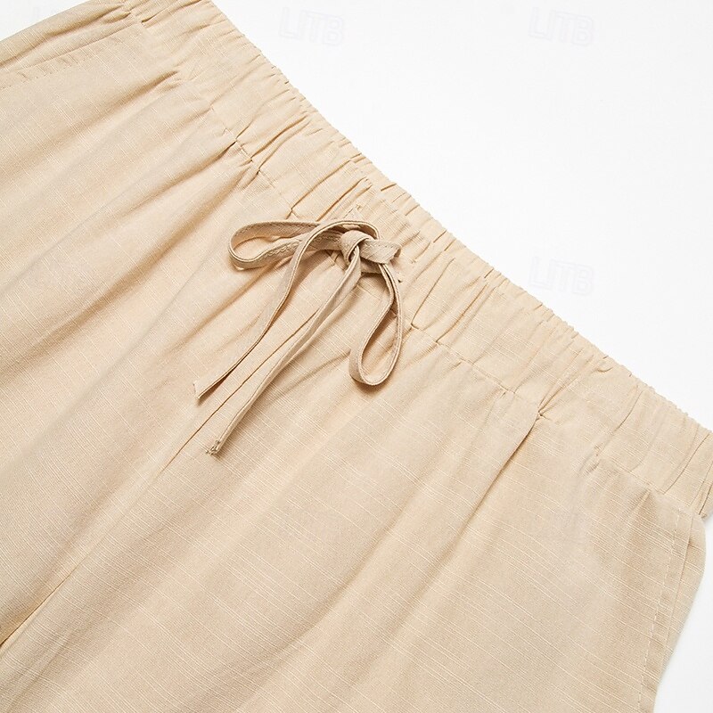 Men's Linen Pants Trousers Summer Pants Beach Pants Zipper Drawstring Elastic Waist Plain Comfort Breathable Ankle-Length Casual Daily Holiday Fashion Classic Style Black White2