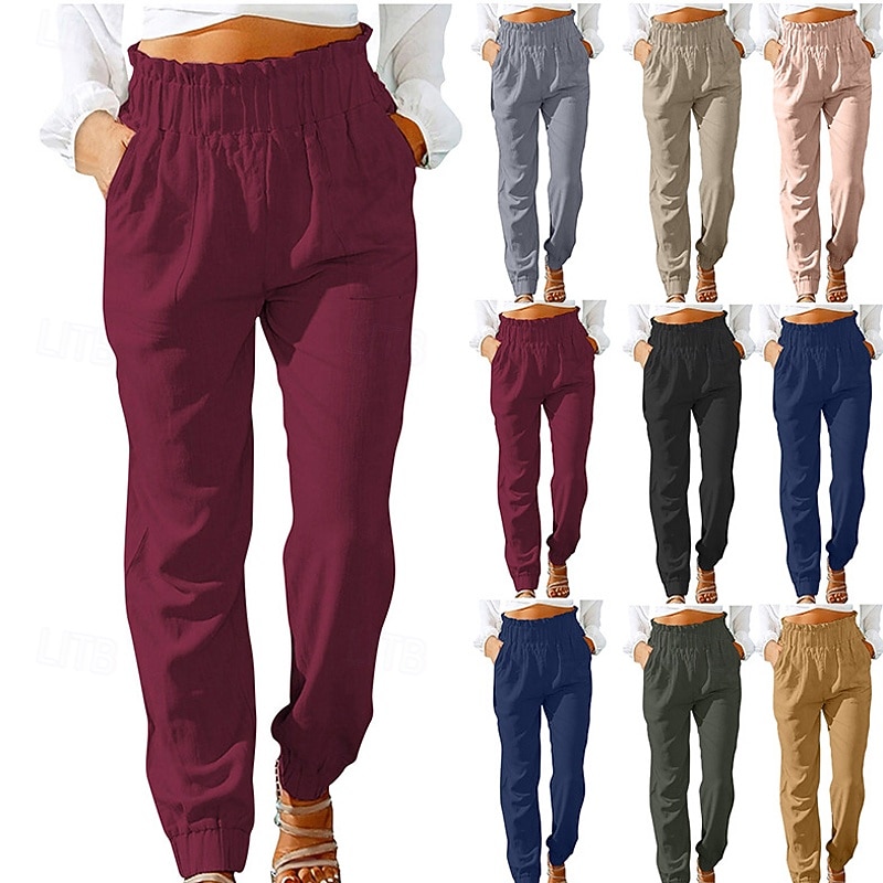 Women's Cotton Linen Pants Slacks Streetwear Casual Full Length Natural Plain Pocket Elastic Waist Comfy Comfortable Daily Wear Going out Magenta Grey Black Yellow Summer Regular Fit