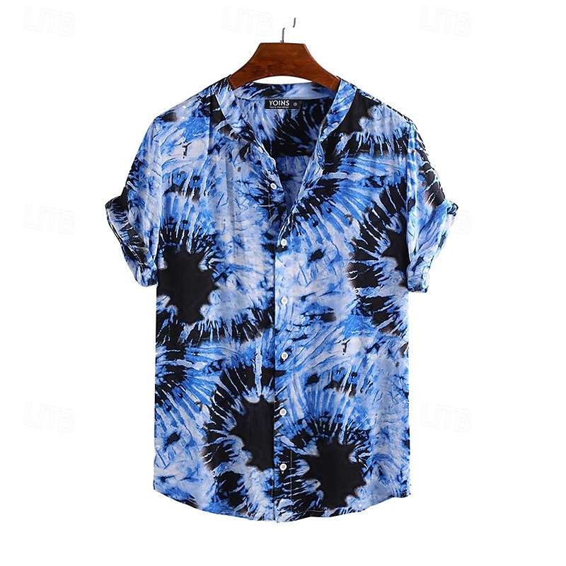 Men's Shirt Summer Shirt Casual Shirt Beach Shirt Button Up Shirt Blue Short Sleeve Graphic Standing Collar Vacation Hawaiian Clothing Apparel Polyester Fashion Casual Comfortable