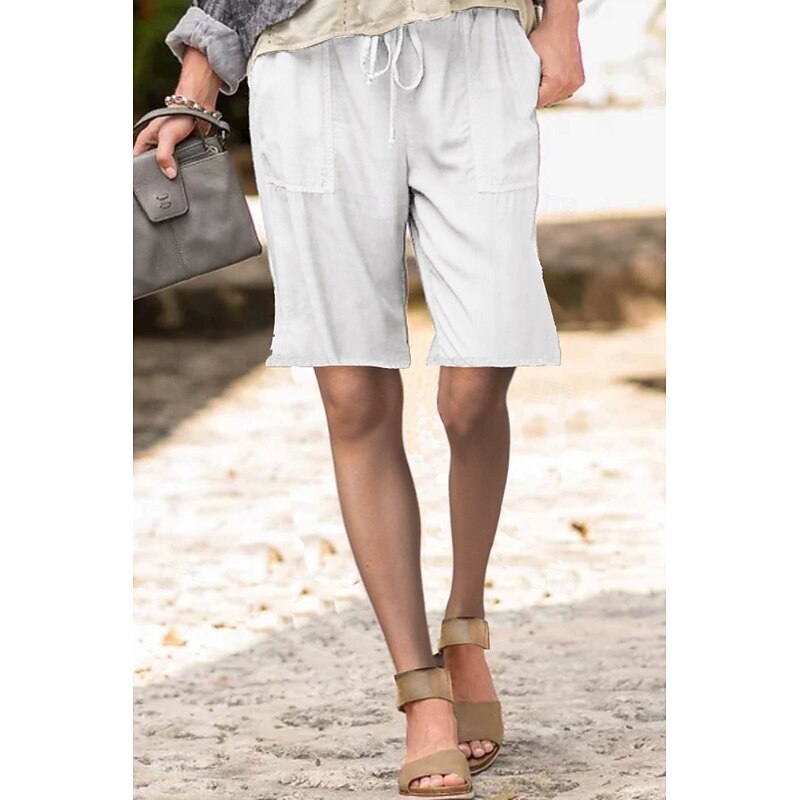 Women's Cotton Linen Shorts Shorts Slacks Streetwear Casual Short Natural Plain Pocket Elastic Drawstring Design Comfy Outdoor Street Daily Wear Going out Navy Black White Light Green Summer Regular2