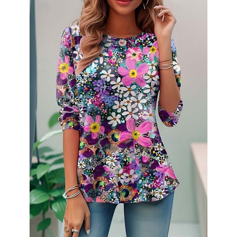 Women's T Shirt Floral Fashion Modern Long Sleeve Crew Neck Regular Tops Daily Print Black Blue Purple Orange Summer4