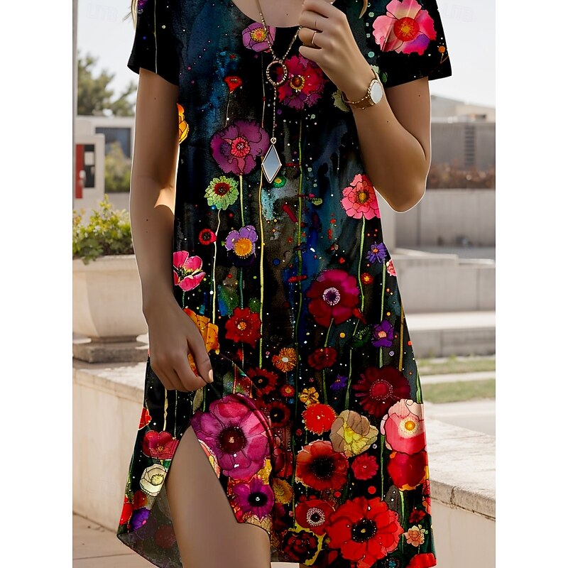 Women's Mini Dress A Line DressT Shirt Dress Tee Dress Summer Dress Casual Daily Regular Fit Floral Graphic Short Sleeve Crew Neck Dark Red Summer Spring3