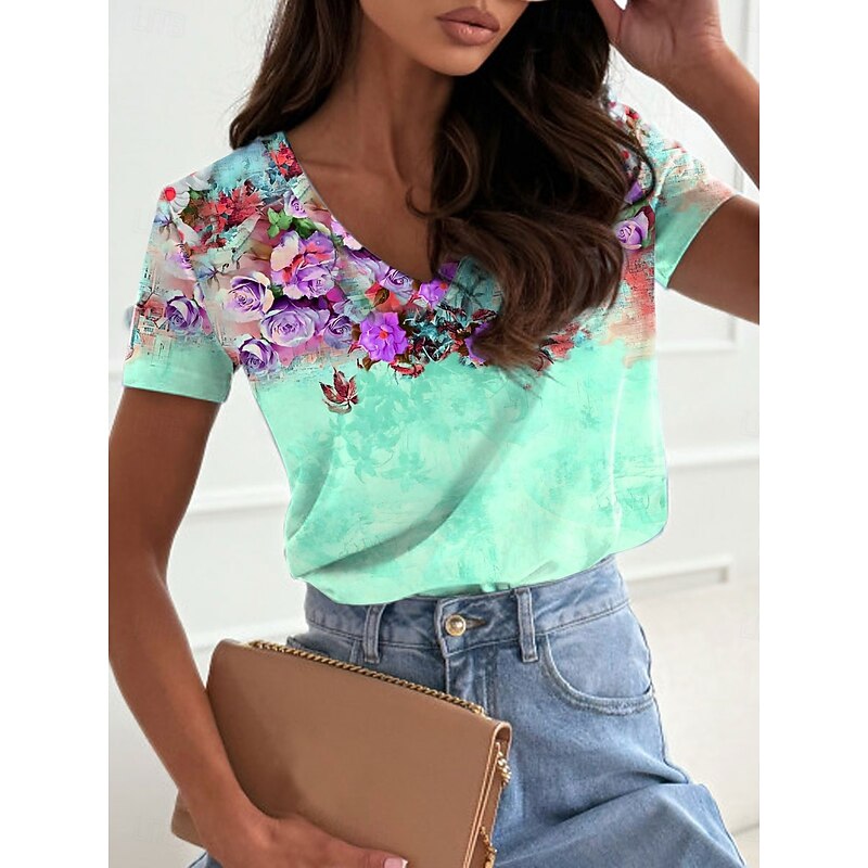 Women's T Shirt Floral Casual Short Sleeve V Neck Regular Tops Daily Print Pink Blue Green Summer2