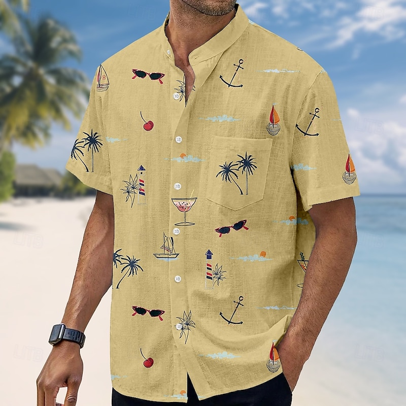 Men's Coconut Tree Tropical Plants Shirt Summer Hawaiian Shirt Stand Collar Shirt Short Sleeve Hawaiian Vacation Holiday Beach Wear Summer Spring Mandarin Collar Band Collar Grandad Collar 3D Print3