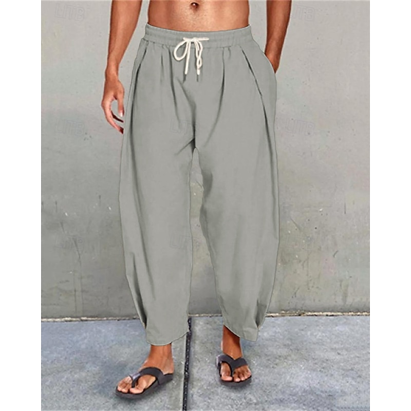 Men's Linen Pants Trousers Summer Pants Beach Pants Harem Pants Pocket Drawstring Elastic Waist Plain Comfort Breathable Vacation Daily Holiday Hawaiian Boho Black White