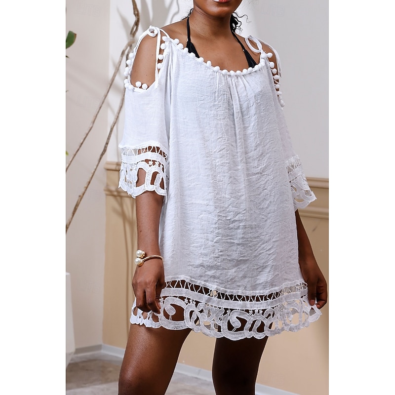 Women's Swimwear Cover Up Swimsuit Cut Out Vacation Beach Wear Plain Round Neck Short Sleeves Bathing Suits