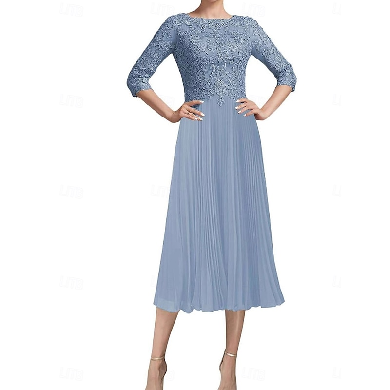 Dress Mother of the Bride Dress Elegant Vintage Simple Crew Neck Tea Length Polyester 3/4 Length Sleeve with Lace Solid Color2
