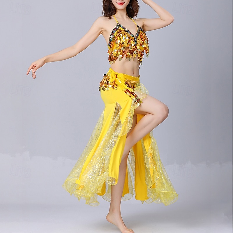 Belly Dance Skirts Gold Coin Pure Color Splicing Women's Performance Training Sleeveless High Polyester2