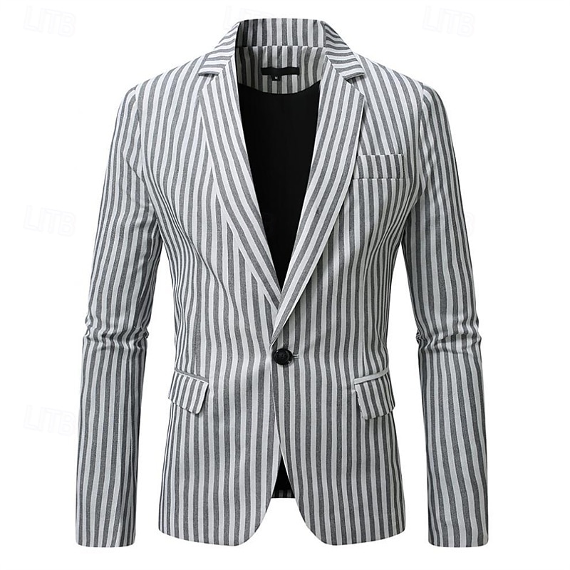 Men's Graduation Blazer Business Cocktail Party Wedding Party Fashion Casual Summer Spring Polyester Stripes Pocket Buttons Comfortable Single Breasted Blazer Dark Gray Light Grey2