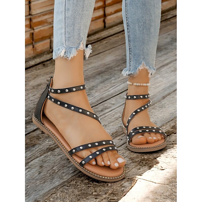 Women's Studded Gladiator Sandals – Black Strappy Flat Sandals with Rivet Details for Summer, Casual and Beach Wear4