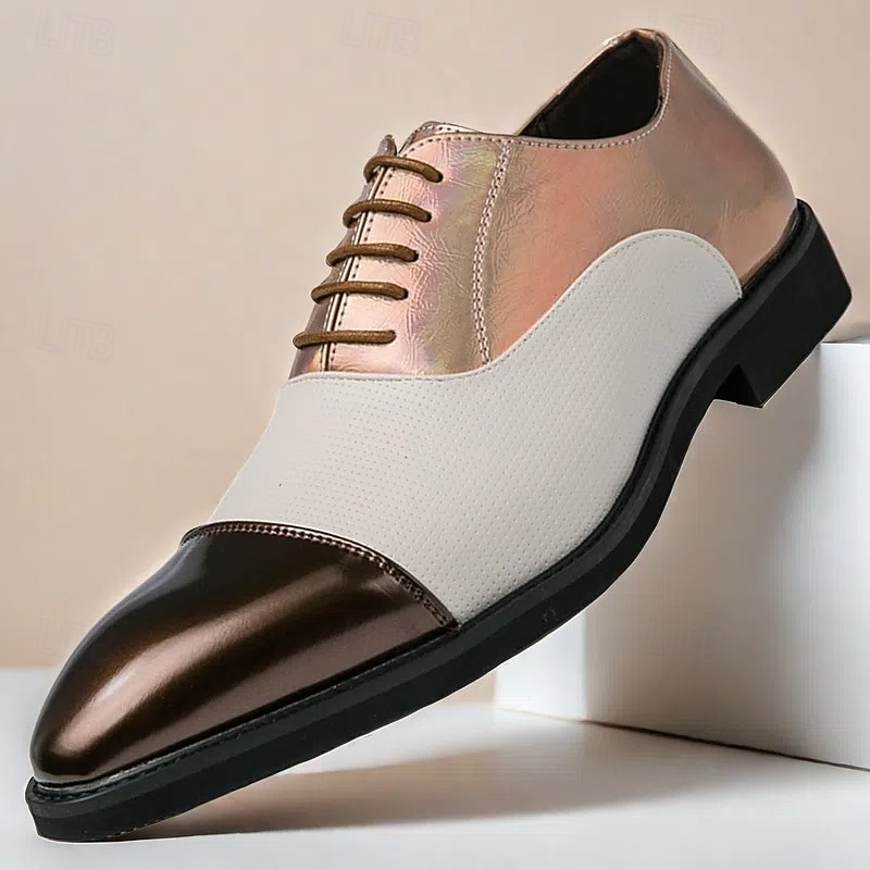 Men's Two-Tone Dress Shoes in Bronze and Cream with Lace-Up Design, Stylish Toe Cap for Elegant Formal Events