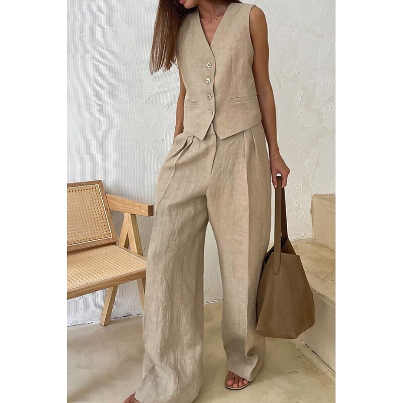 Women's Active Fashion Blouse Pants Sets Sleeveless V Neck Solid Color Dubbele Rij Knopen Vacation Casual Daily Black Orange Khaki Summer Regular Fit