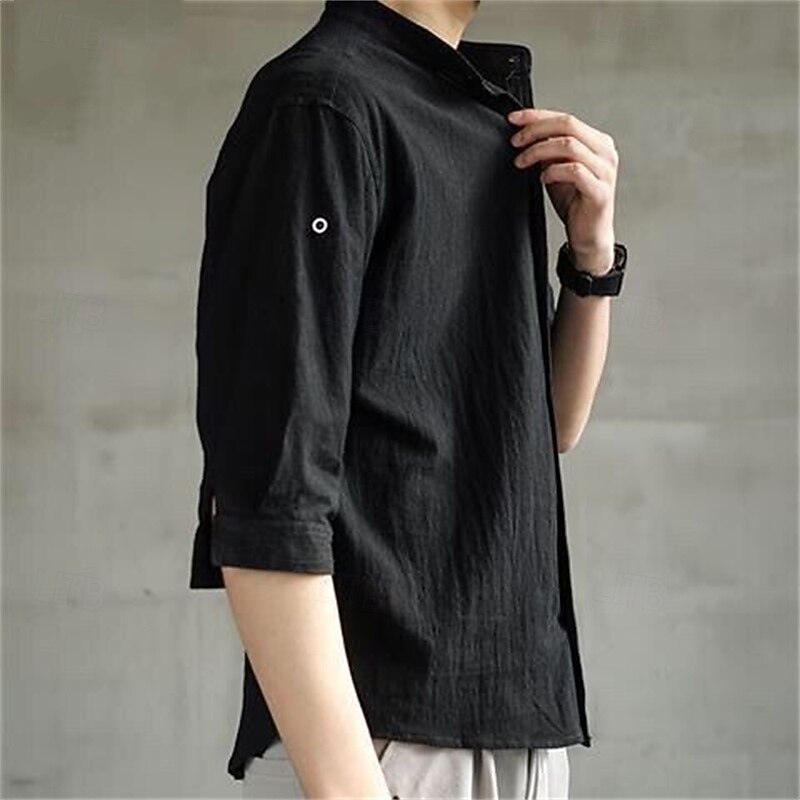 Men's Cotton Linen Shirt Plain Vacation Black White Green Half Sleeve Grandad Collar Summer Clothing Apparel Button-Down4