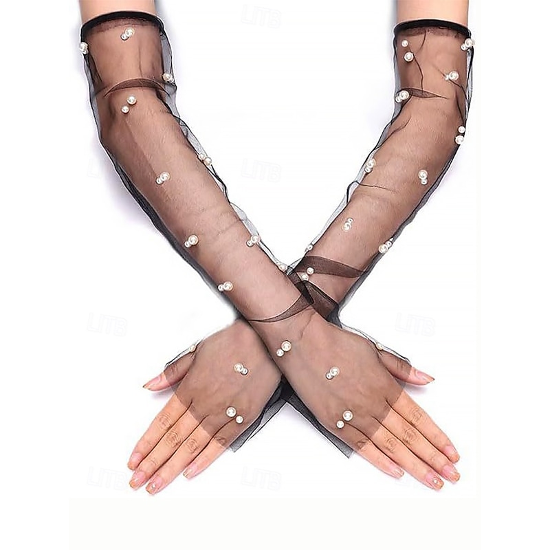 Elegant Sheer Pearl Bridal Gloves – Long Tulle Wedding Gloves for Women, Vintage Mesh Fingerless Sleeves, Formal Party & Special Occasion Accessory