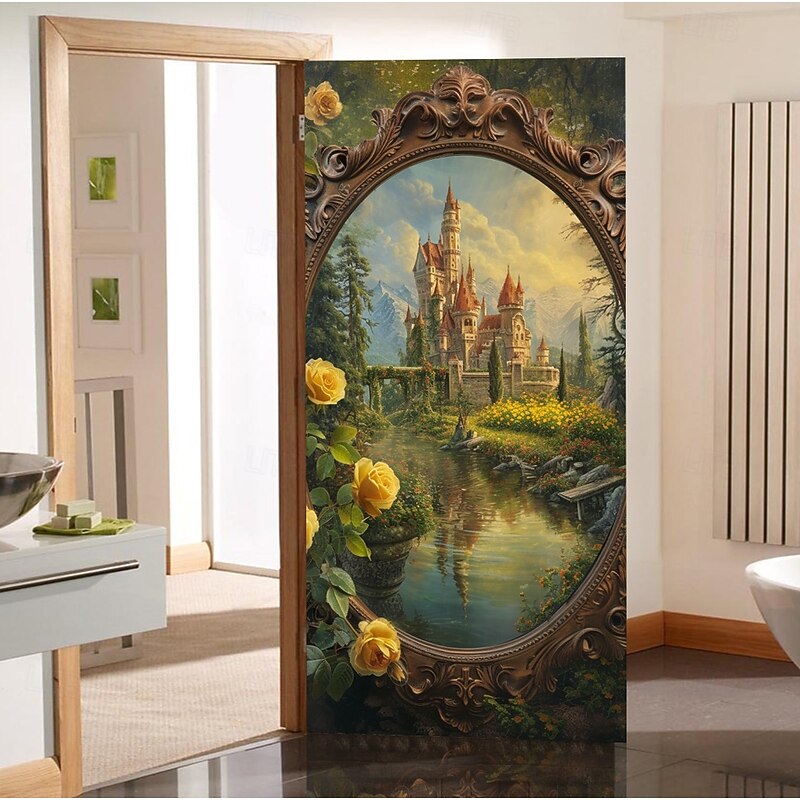 Castle in Mirror Door Decorations Door Covers Door Tapestry Door Curtain Decoration Backdrop Indoor/Outdoor Door Banner for Front Door Farmhouse4