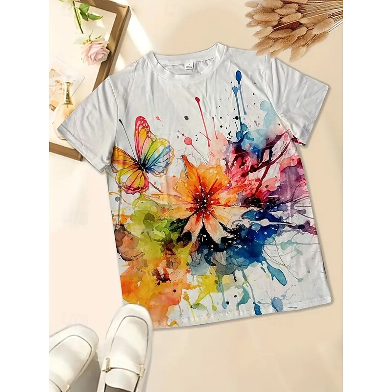 Women's T Shirt Summer Tops Graphic Oil painting flowers Classic Casual Short Sleeve Crew Neck Crop Tops Daily Weekend Print Rainbow Summer Spring Fall3