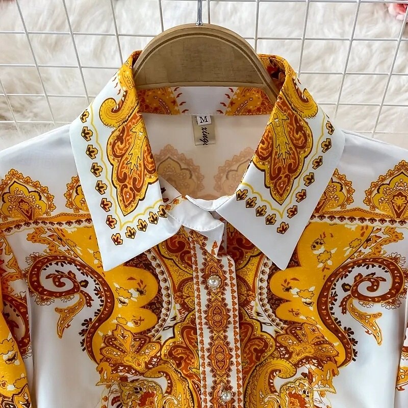 Women's Midi Dress Boho Dress Fashion Classic Vacation Going out Weekend Regular Fit Flower Long Sleeve Shirt Collar Yellow Summer4