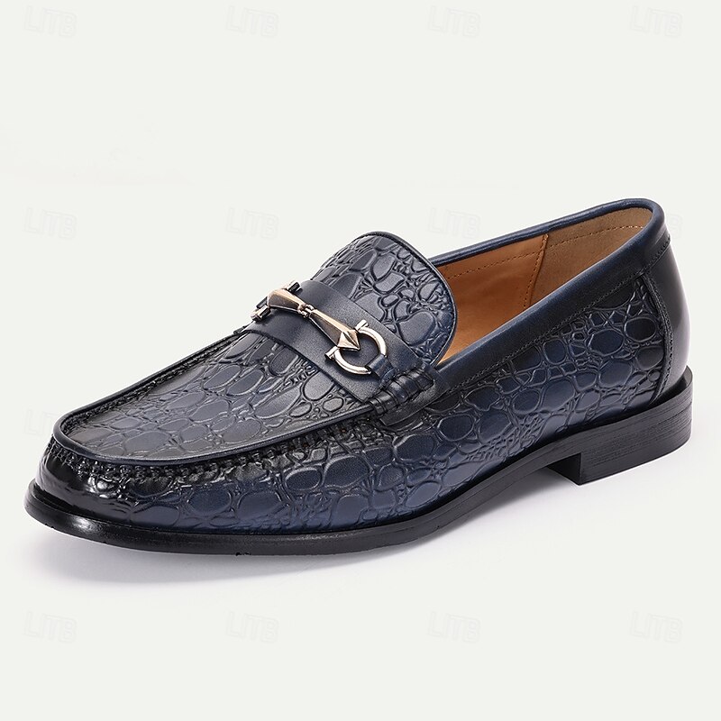 Men's Navy Blue Crocodile Embossed Leather Loafers with Metal Bit Detail - Sophisticated Casual Wear2