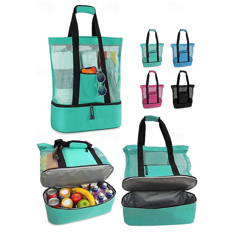 Large Mesh Beach Tote Bag with Insulated Cooler – Waterproof Travel Shoulder Bag for Women & Men, Lightweight Sandproof Picnic Bag for Pool, Vacation, Camping & Outdoor Activities