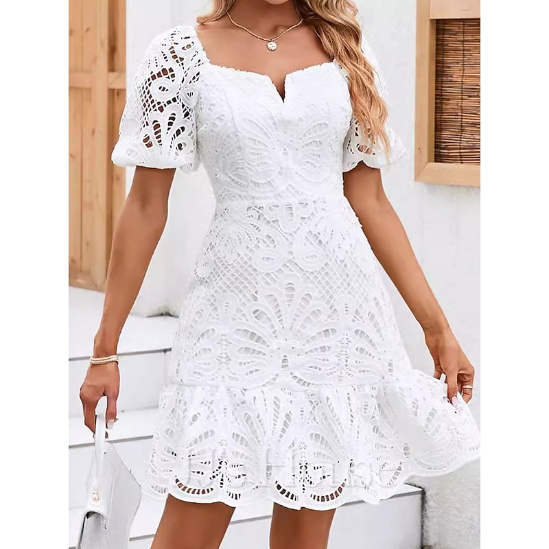 Women's Mini Dress A Line Dress Summer Dress Eyelet Dress Vacation Casual Daily Regular Fit Graphic Short Sleeve V Neck White Summer