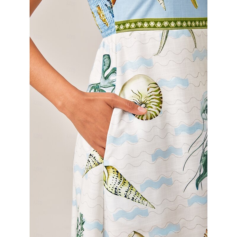 Linen Like Ocean Prints Strap Dress4