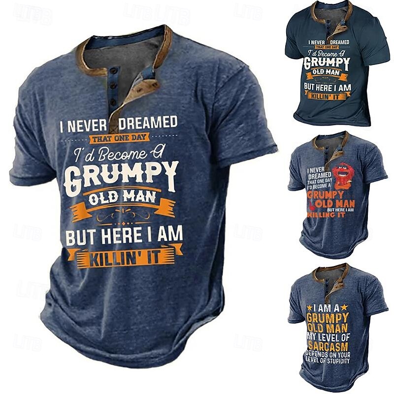 Men's Funny Grumpy Old Man Graphic Henley Shirt - Short Sleeve Lifestyle Tee