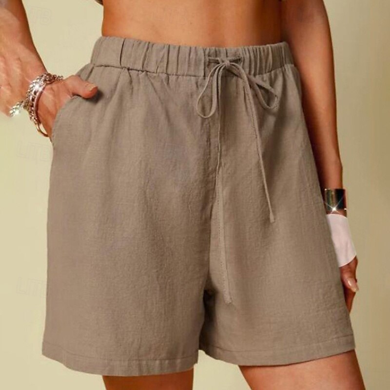 Women's Cotton Linen Shorts Shorts Slacks Streetwear Casual Short Natural Plain Pocket Elastic Drawstring Design Comfy Comfortable Outdoor Vacation Going out Black Khaki Summer Regular Fit