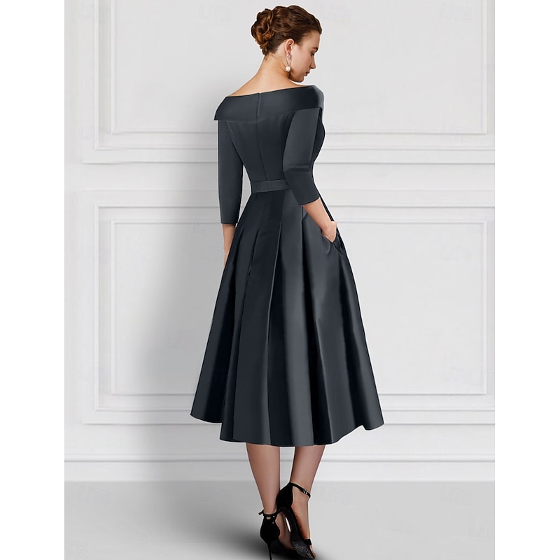 Embroidered Leaf Floral Lace A-Line Cocktail Formal Wedding Guest Dress Elegant Vintage Shirt Collar Tea Length Satin Half Sleeve2