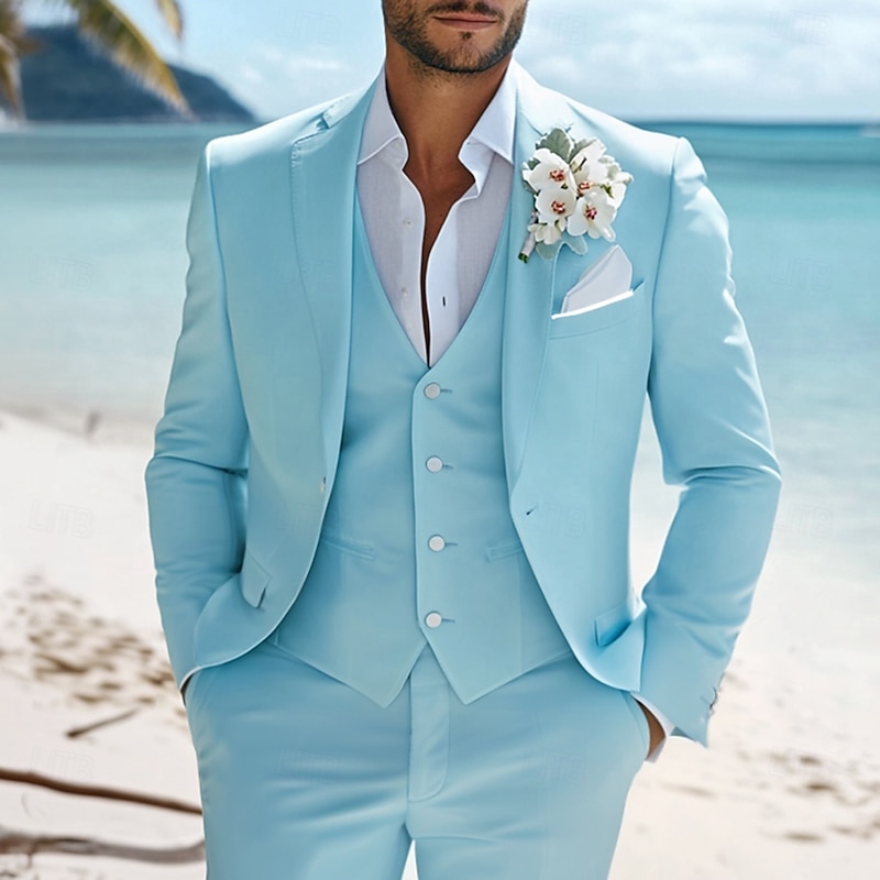 Men's Beach Wedding Suits Notch Lapel Sky Blue Fashion Casual Solid Colored Standard Fit 3 Piece Single Breasted One-button