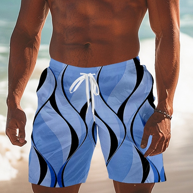 Men's Geometric Line Swim Trunks Swim Shorts Board Shorts Mid Waist Streetwear Hawaiian Vacation Drawstring Mesh Lining Elastic Waist Designer Clothing Apparel