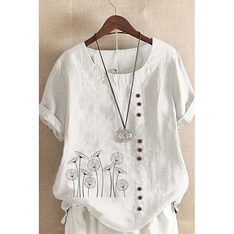 Women's Shirt Blouse Cotton Linen Shirts Flower Basic Modern Short Sleeve Crew Neck Regular Tops Daily Holiday Going out Print White Yellow Blue Green Summer