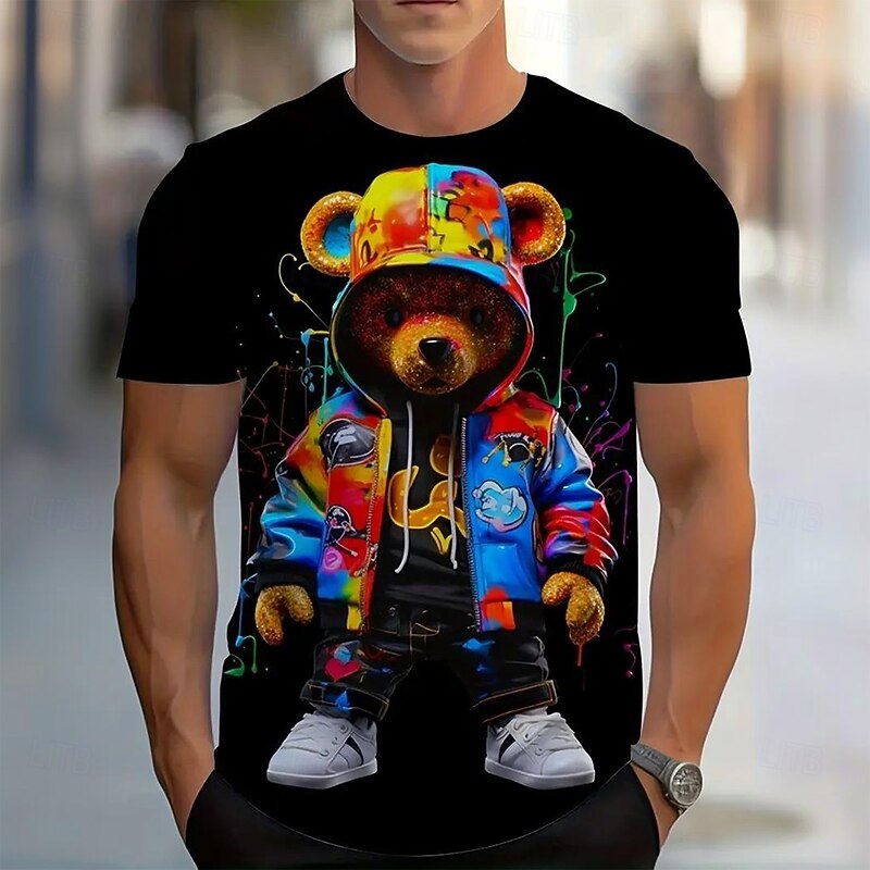 Men's Bear Funny T Shirt Short Sleeve T shirt 3D Print Crew Neck Shirt Exaggerated Designer Party Holiday Black Summer Spring Clothing Apparel S M L XL XXL XXXL