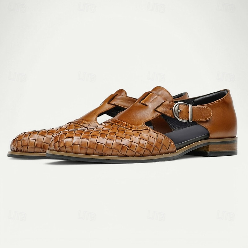 Men's Traditional Brown Woven Leather Loafers with Buckle - Perfect for Business Casual and Everyday Wear4