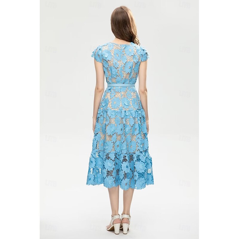 A-Line Cocktail Dresses Elegant Dress Wedding Guest Holiday Tea Length Short Sleeve Crew Neck Lace with Floral Lace4