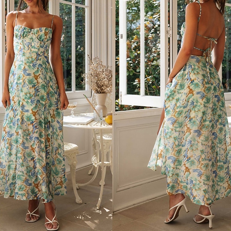 Women's Midi Dress Graduation Dress Floral Dress Slip Dress Fashion Birthday Date Going out Regular Fit Flower Sleeveless Spaghetti Strap Green Summer