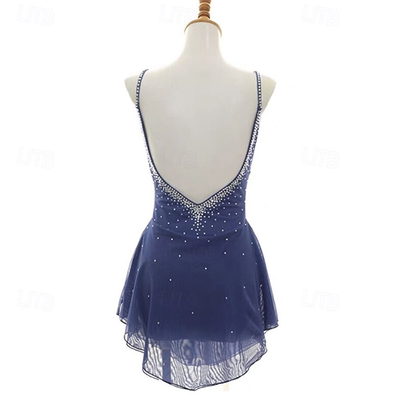 Figure Skating Dress Women's Girls' Ice Skating Dress Dark Navy Patchwork Open Back Mesh Spandex Stretchy Training Practice Professional Skating Wear Thermal Warm Crystal / Rhinestone Sleeveless Ice4