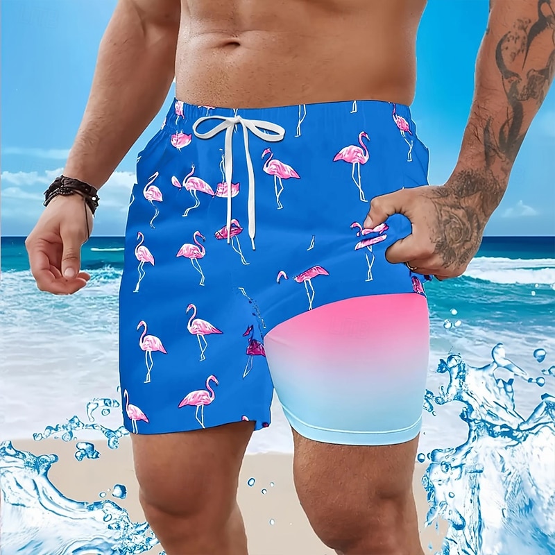 Men's Flamingo Bird Lined Shorts Swim Shorts Board Shorts Mid Waist Hawaiian Vacation Holiday Beach Wear Side Pockets With Compression Liner Elastic Drawstring Waist Designer Clothing Apparel4