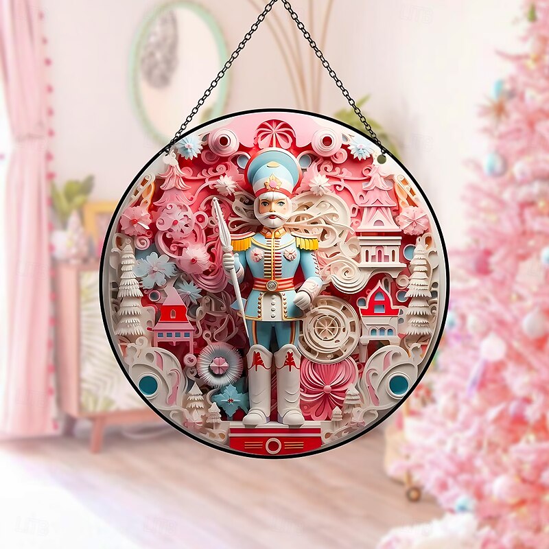 Pink Round Window Hanging Ornament, Fun King, Queen, Soldier Quilling Design, Colorful Printed Acrylic Decorative Tag for Balcony, Window, and Garden Decor3