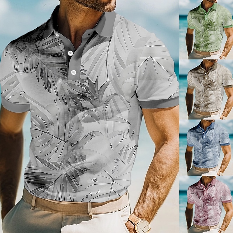 Men's Leaves Polo Short Sleeve Polo Shirts Collared Shirts Resort Daily Wear Vacation Wear 3D Print Summer Spring Fall Light Green Blue Purple