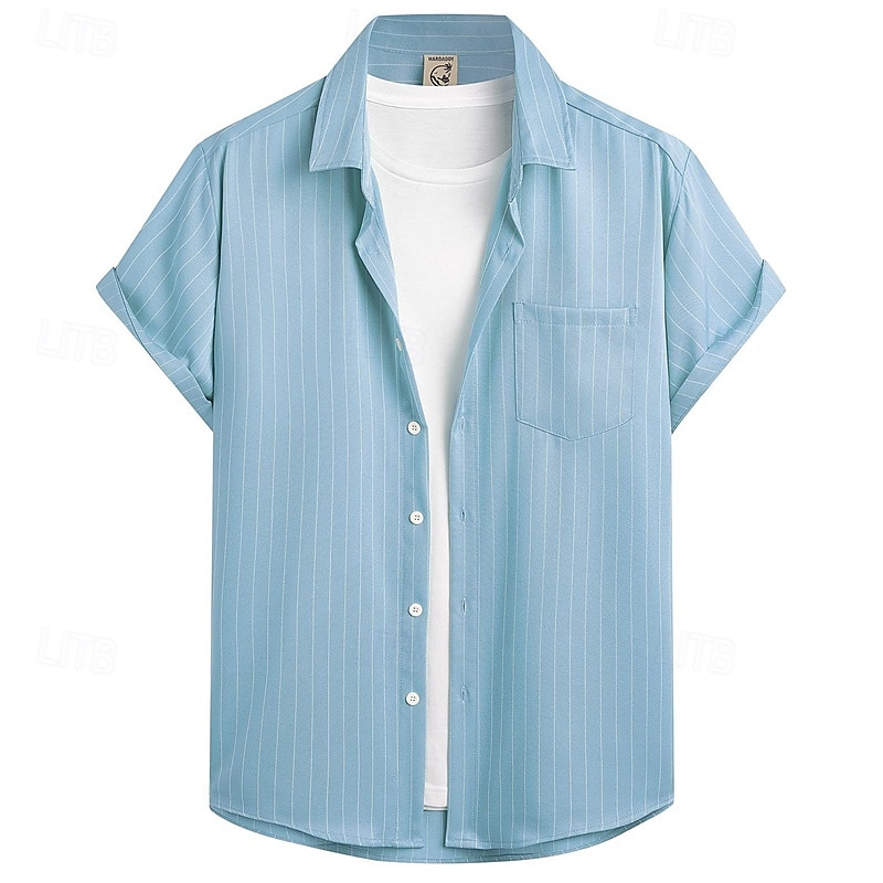 Men's Shirt Summer Shirt Casual Shirt Beach Shirt Button Up Shirt White Green Dark Blue Light Blue Short Sleeve Stripes Shirt Collar Vacation Hawaiian Clothing Apparel Polyester Fashion Casual