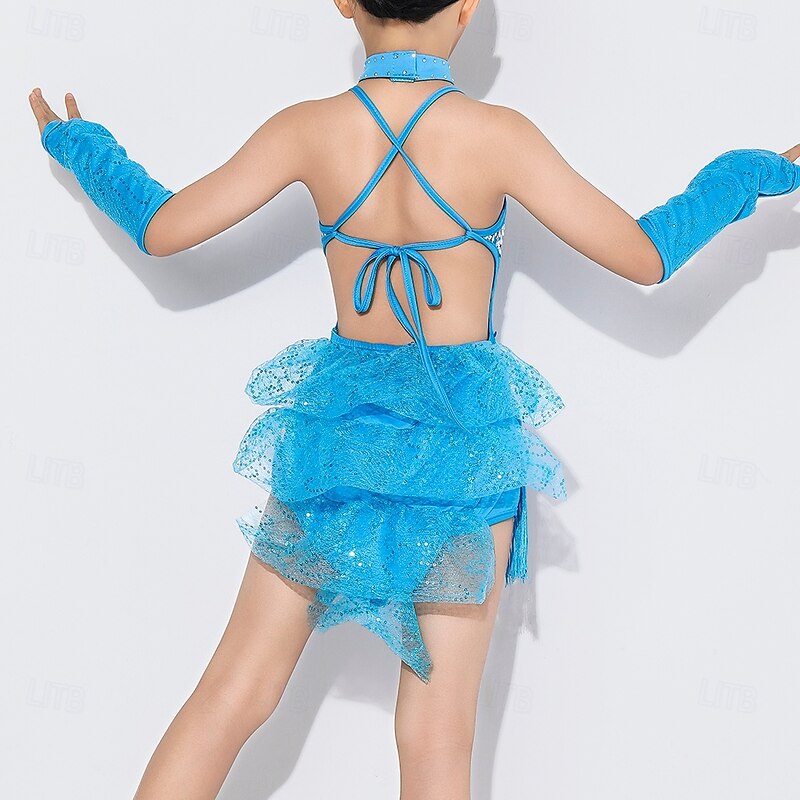 Latin Dance Dress Tassel Pure Color Splicing Girls' Performance Training Sleeveless Polyester3