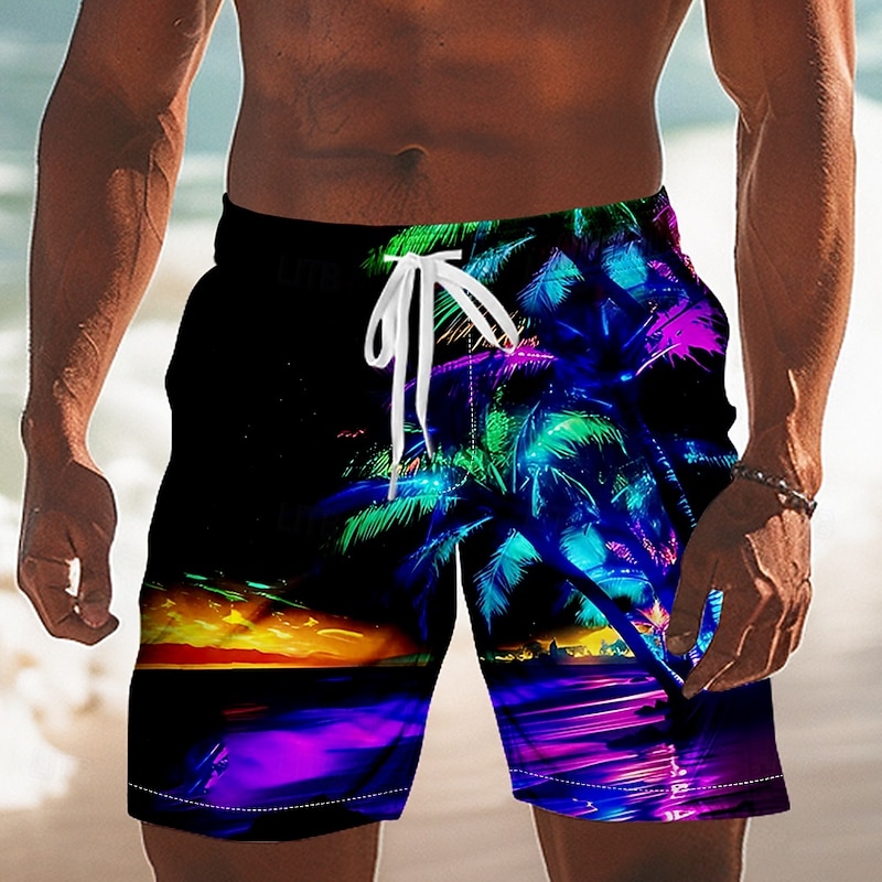 Men's Coconut Tree Tropical Plants Swim Trunks Swim Shorts Board Shorts Mid Waist Hawaiian Vacation Drawstring Mesh Lining Elastic Waist Designer Clothing Apparel