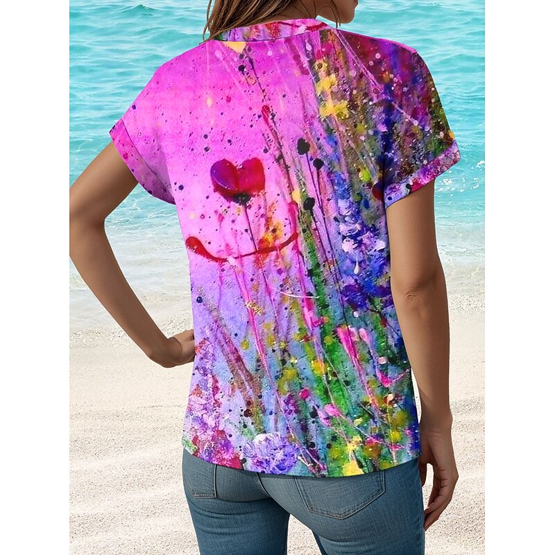 Women's  Blouse Floral Shirt Graphic Stylish Beach Short Sleeve Shirt Collar Regular Tops Daily Buttons Print Purple Spring Fall2